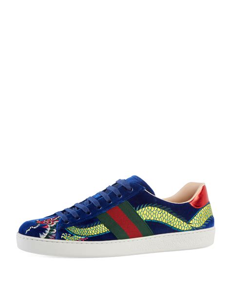 Gucci New Ace Embroidered Velvet Low Top Sneaker Blue Neiman Marcus