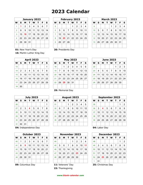 Download Blank Calendar 2023 With Us Holidays 12 Months On One Page