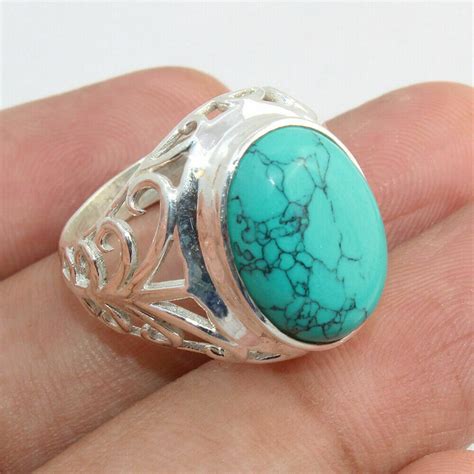 Natural Turquoise Stone Genuine Ring Pure 925 Sterling Silver Rhodium