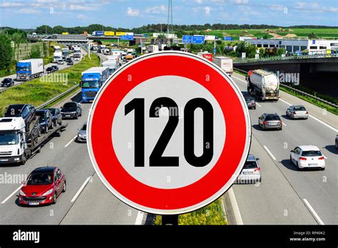 Highway And Sign With Speed Limit 120 Kmh Photomontage Autobahn Und