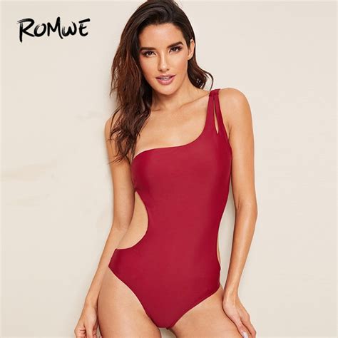 Romwe Sport Red One Shoulder Cut Out Backless Monokini One Piece Swimsuits Women 2019 Sexy Open