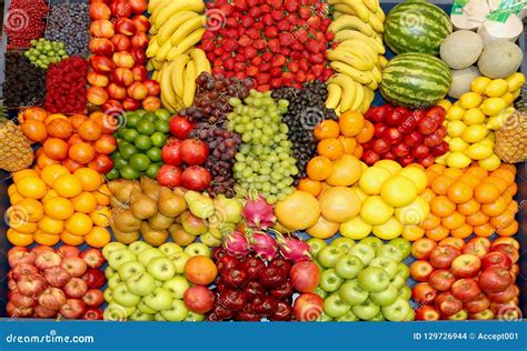 Farmers Market With Various Colorful Fresh Healthy Fruits For Sa Stock
