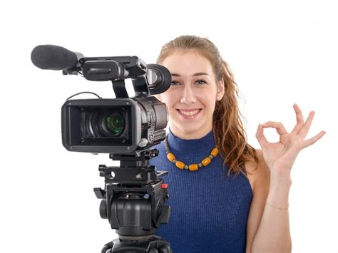 Premium Photo Young Woman With A Video Camera Ready For Filming On