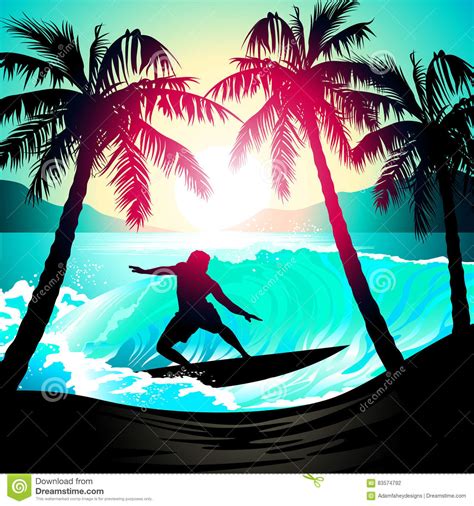 Tropical Beach At Sunset Surfing Illustration Royalty Free