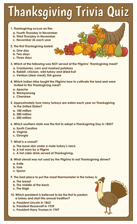 Printable Thanksgiving Trivia Quiz Thanksgiving Facts Thanksgiving