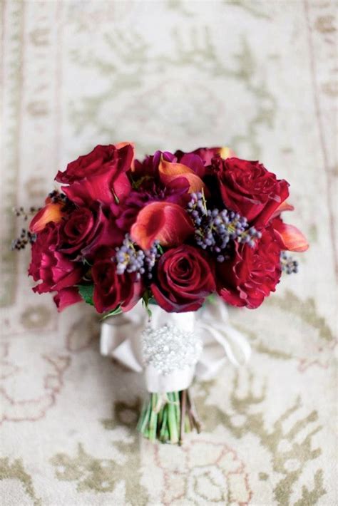 Romantic Deep Red Wedding Bouquet With Crystal Embellished Ribbon