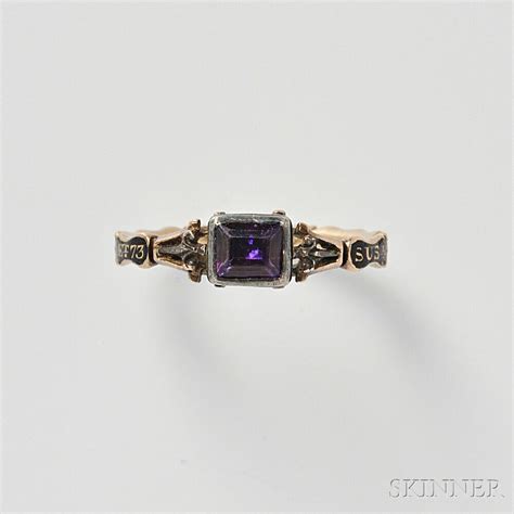 Antique 18kt Gold Amethyst And Enamel Mourning Ring Mourning Ring