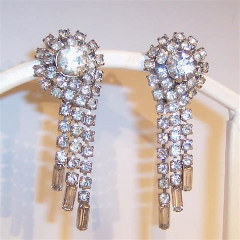 Vintage Sparkling Clear Rhinestone Dangle Clip Earrings From