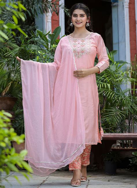 Buy Embroidered Silk Long Length Salwar Kameez In Rose Pink 251449