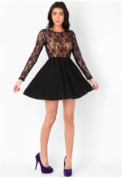 Becca Long Sleeve Lace Skater Dress Dresses Missguided