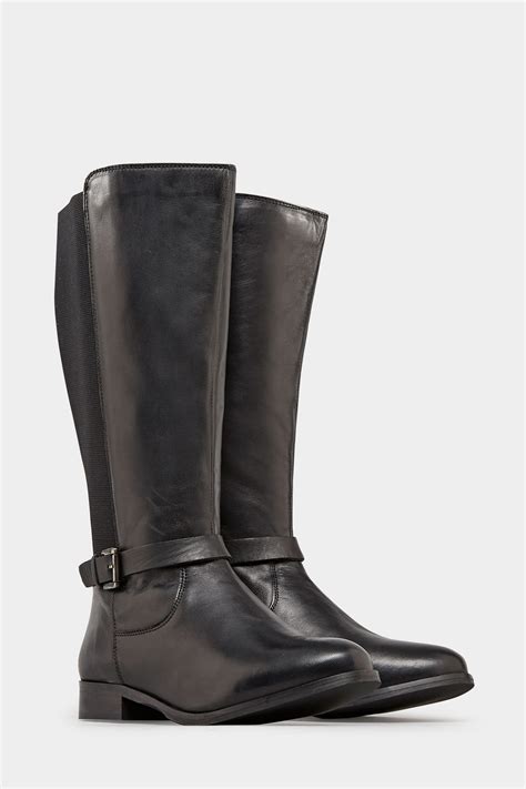 Black Leather Riding Boots With Stretch Panels In Eee Fit