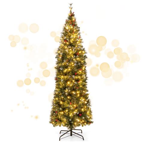 Topbuy 7ft Artificial Pre Lit Christmas Tree Hinged Pencil Xmas Tree W