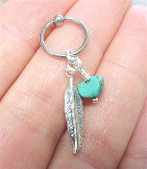 Turquoise Cartilage Hoop Silver Feather Earring Boho Tragus Etsy