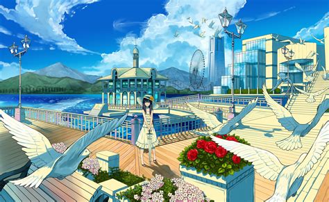 Wallpaper Landscape Illustration Birds Cityscape Anime Girls