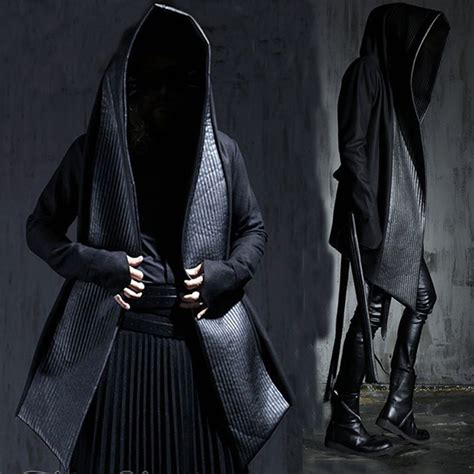 Men's Fashion Leather Long Hooded Woolen Trench Coats Black Gothic