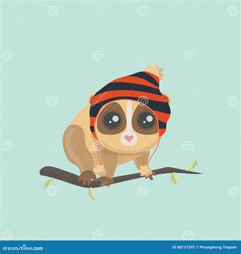 Cute Loris Sitting Flat Vector Illustration With Outline Isolated On White Background