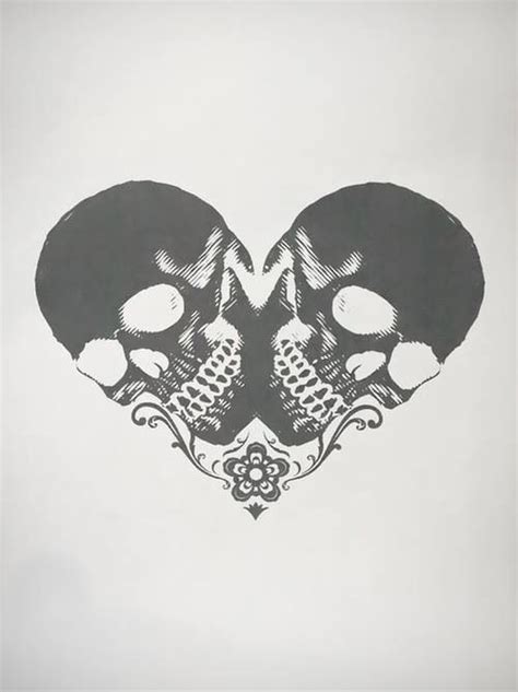 Two Skulls Making A Heart Shape Design Black And White Art Skull Thigh