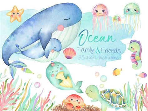 Sea Animals Watercolor Clipart Whale Jellyfish Turtle Narwhal Sea