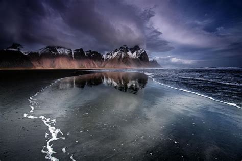 Iceland Mountain Beach Black Sand Sea Ocean Wallpaper
