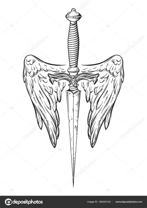 punhal ritual com asas de anjo isoladas em fundo branco ilustração vetorial desenhada à mão
