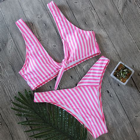 Bonitakinis White Pink Stripe Bandage Swimsuit Sexy Bathing Suit Ladies