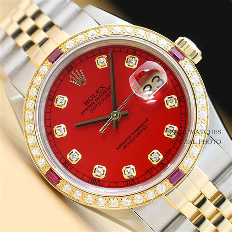 Mens Rolex Two Tone 18k Yellow Goldss Datejust Red Dial Diamond Watch