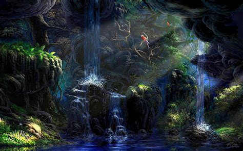 Forest With Waterfall Digital Wallpaper Hd Wallpaper Wallpaper Flare