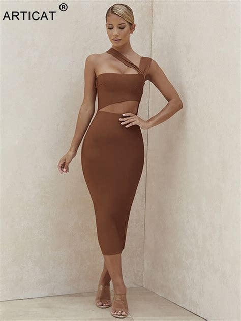 Articat Diagonal Collar Sexy Hollow Out Midi Dress Womens Bodycon High Stretchy Sexy Backless