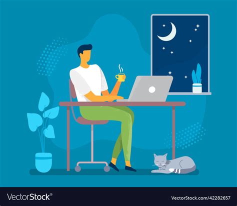 Man Work Late At Night Home Work Place Royalty Free Vector