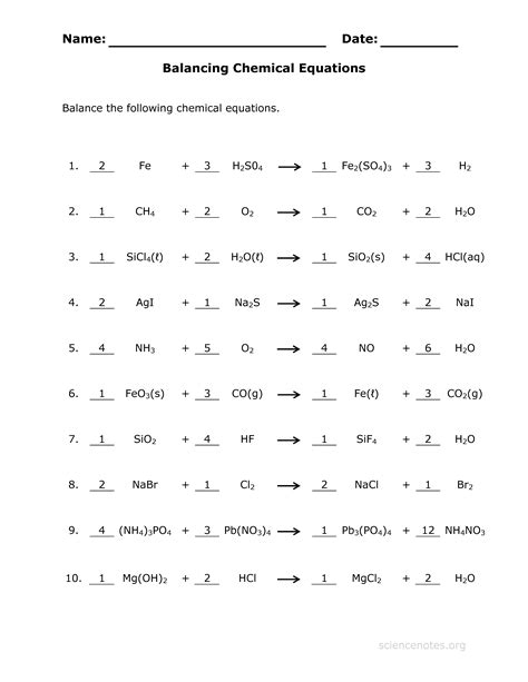 Balancing chemical equations worksheet intermediate level neutralization reactions salts are types of chemical reactions most reactions can be classified into one of five categories by chapter 7 answers and solutions 7 answers and solutions to text problems 7.1 a mole is the. Balance Equations Key - Science Notes and Projects