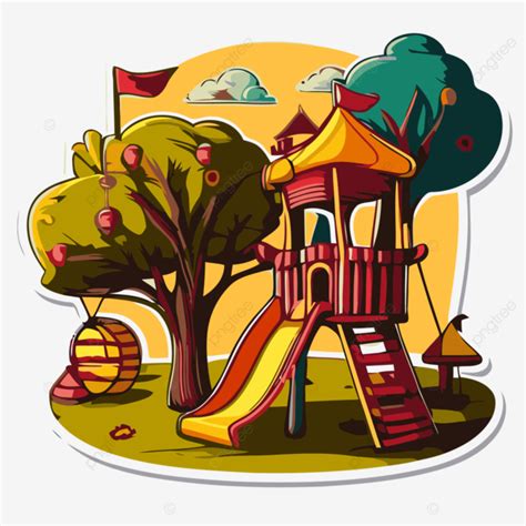 Taman Bermain Kartun Dengan Ayunan Vektor Desain Stiker Dengan Taman Bermain Luar Ruangan