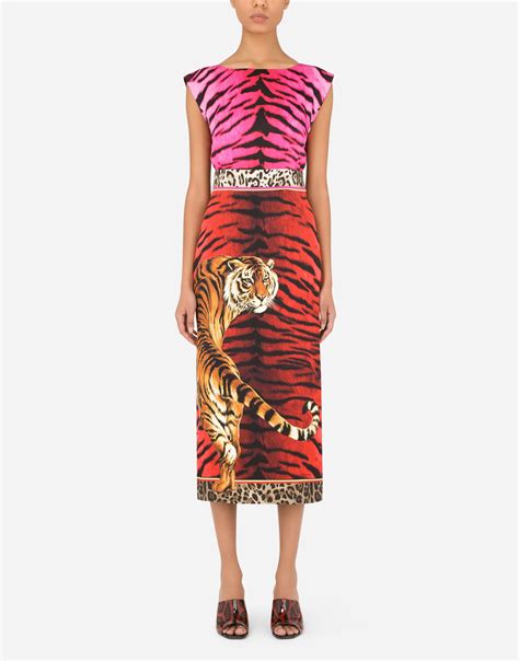 Dolce Gabbana Charmeuse Calf Length Dress With Tiger Print In Red Lyst
