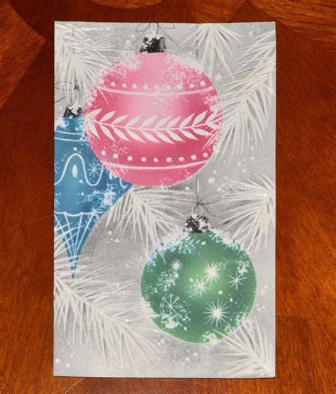Unused Vintage Christmas Card Glitter Heavy Glittered Ornaments Pink Blue Green Vintage