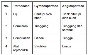 Tabel Perbedaan Angiospermae Dan Gymnospermae