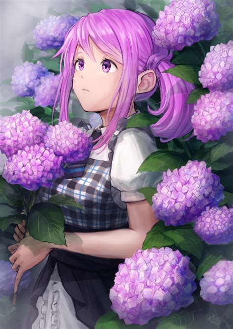Anime Girl Purple Flowers Cute Profile View Looking Profile Pics