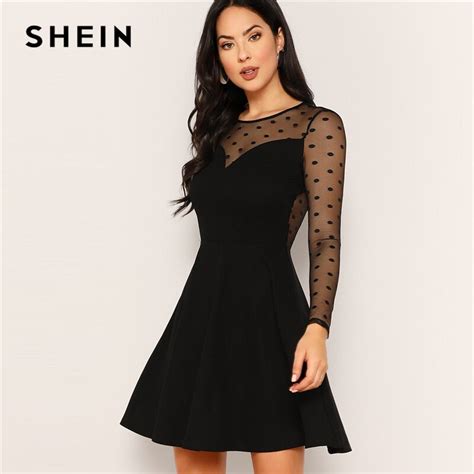 Shein Black Backless Sheer Lace Yoke Fit And Flare Dress Party High