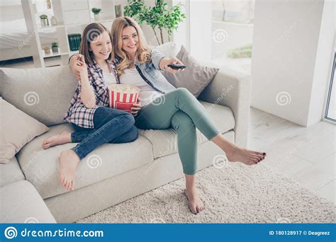 Full Body Photo Of Pretty Lady Mom Daughter Sit Sofa Hugging Eat