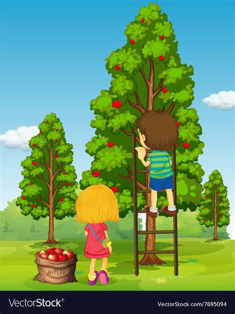 Babe And Girl Picking Apples From Tree Royalty Free Vector
