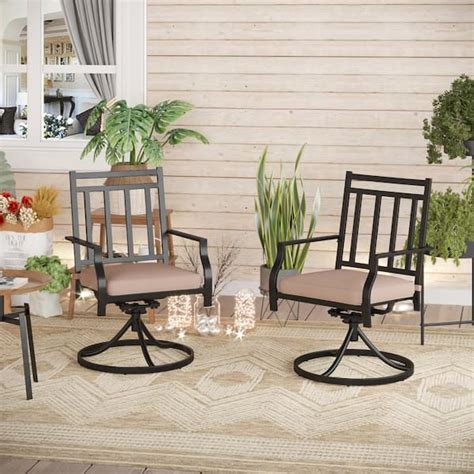 Phi Villa Black Metal Stripe Patio Outdoor Dining Swivel Chair With