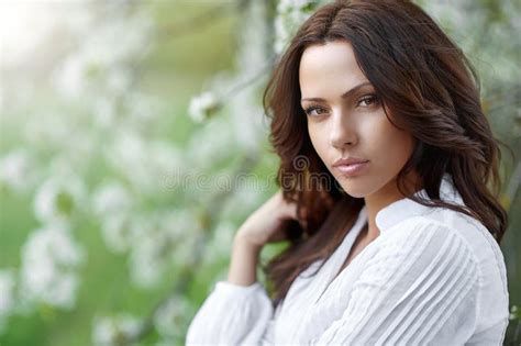 Beautiful Brunette Woman With Perfect Skin Outdoor Stock Photo Image