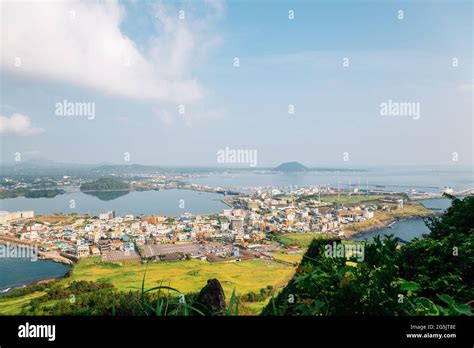 Panoramic View Of Seaside Village From Seongsan Ilchulbong Tuff Cone In