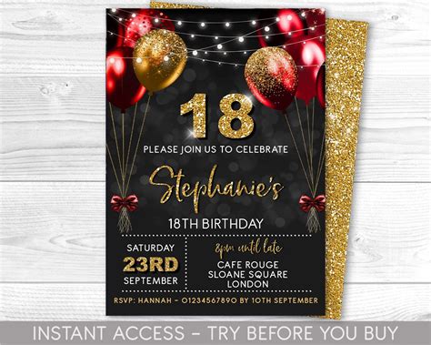 St Birthday Invitation Editable St Invite Red Black Gold Etsy