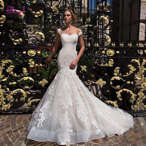 Fmogl Sexy Illusion Cap Sleeve Lace Mermaid Wedding Dress 2022 Luxury