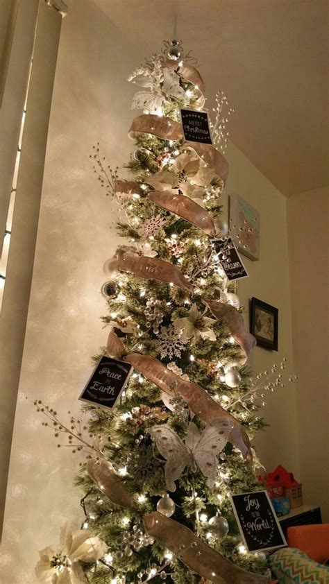 Skinny Christmas Tree Burlap Ribbon White And Silver
