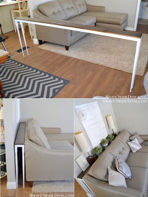 This is basically two short pieces of wood and a longer one in between. Utilize the Space Behind the Sofa with 15 DIY Sofa Tables ...