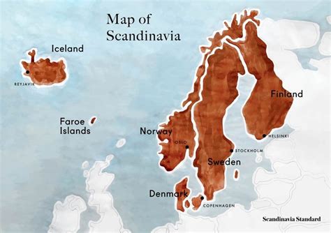 A Watercolor Map Of The Island Of Scandinnavia In Iceland With Brown Areas