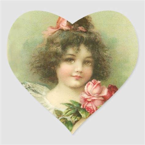 Little Girl With Pink Roses Valentines Day Heart Sticker In 2021