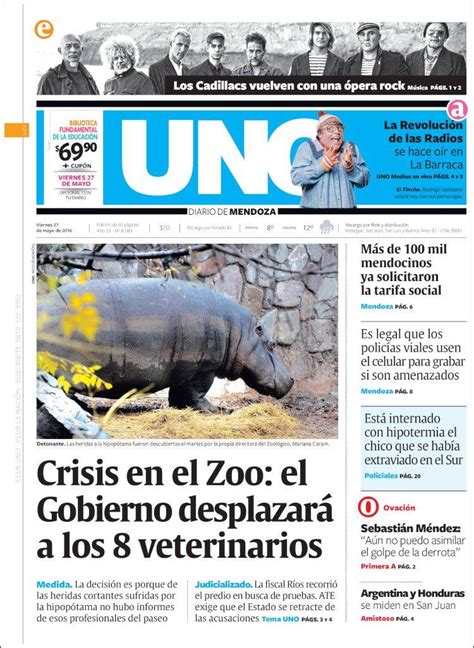 Newspaper Diario Uno Argentina Newspapers In Argentina Fridays Edition May 27 Of 2016