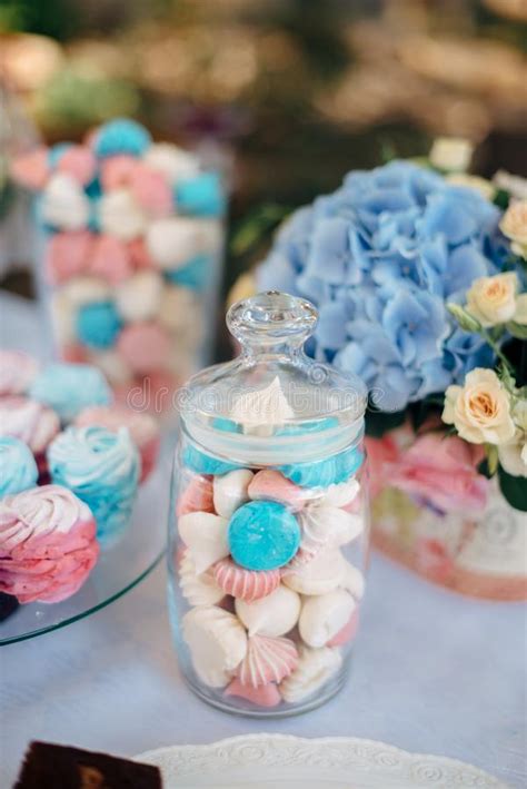 Table With Sweets In Sky Blue Color Stock Photo Image Of Dessert