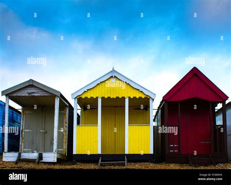 Three Beach Huts From Southend On Sea Stock Photo Alamy